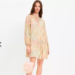 LOFT Cream/Pastel/Gold Floral Jacquard Long Sleeve Dropped Waist Mini Dress Sz M